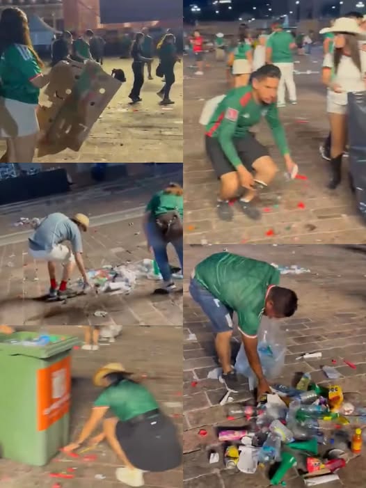 Aficionados mexicanos limpian calles tras partido en Monterrey